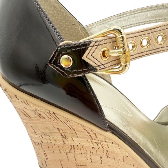 Guess Platform Cork Wedge Strappy Sandal Heels in Brown Patent Leather Size 10 - Picture 2 of 10